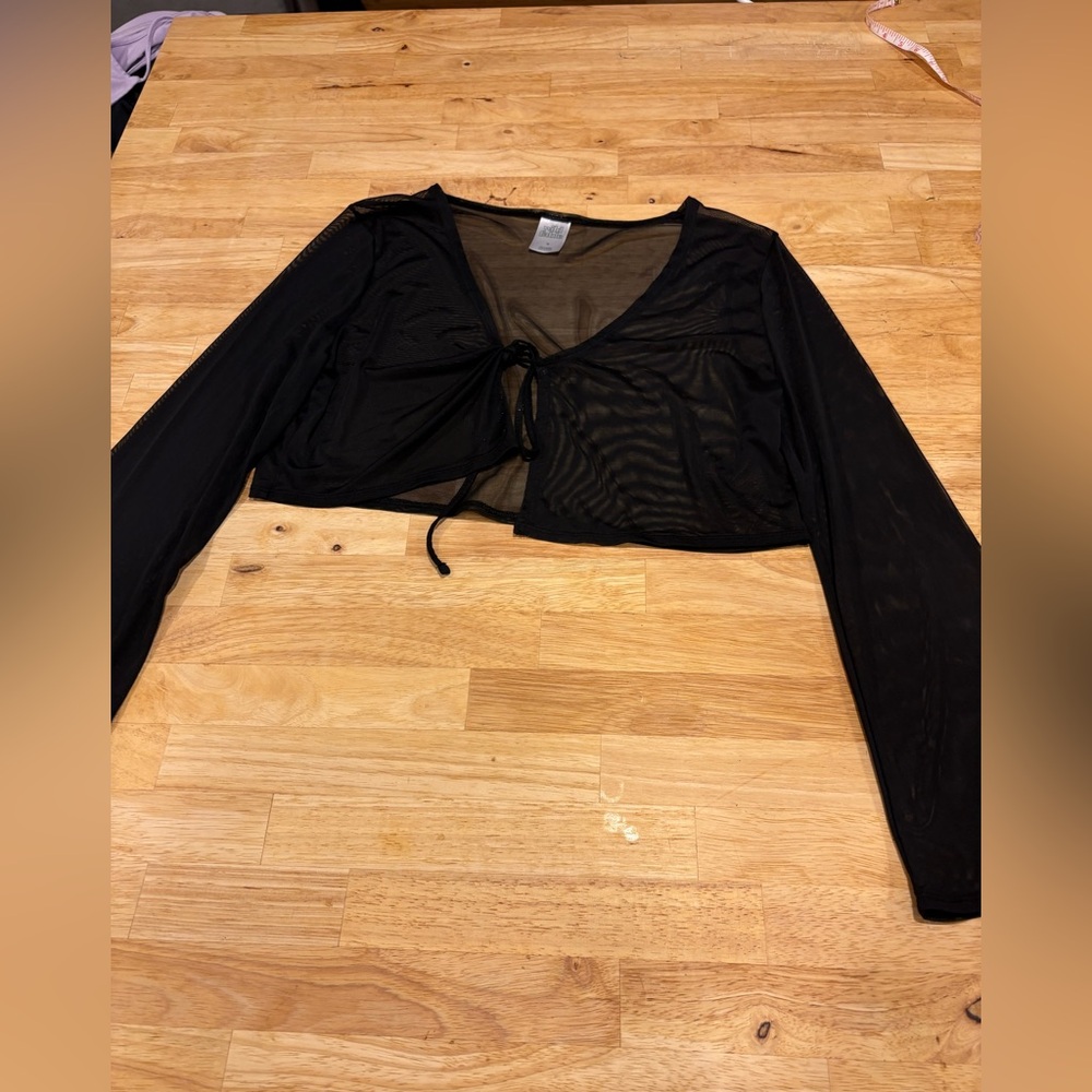 Wild Fable Black Mesh Cropped Shrug with Front Tie Detail